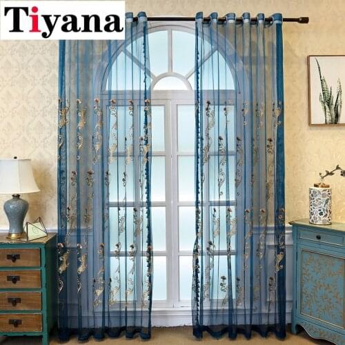 Blue Embroidered Tulle Curtains with Beads for Bedroom Sheer Kitchen Curtains Living Room Window Screen Sheer Panel 047D