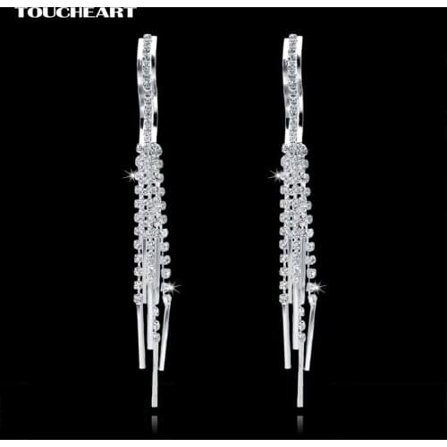 TOUCHEART rhinestone crystal tassel earrings for women Silver color stud long earrings fashion jewelry bridal brincos SER150105