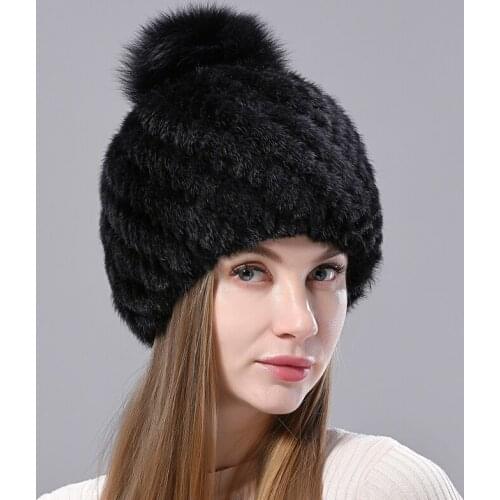 Natural Mink Fur Hats for Women Knitted Beanies Woolen Lining Fox Fur Pompom Warm Female Winter Hat