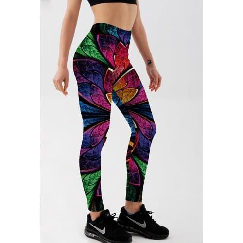 Qickitout Wholesale Womens Colourful Metal Leaves Leggings Digital Printing Slim Pants Drop Shipping Plus Size