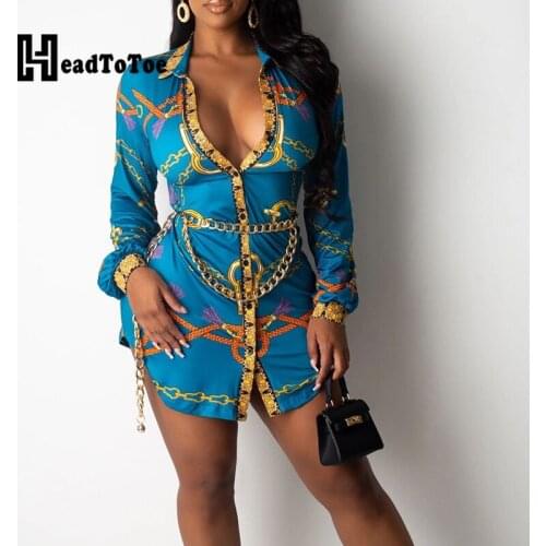 Chain Print Button Sexy Fashion Dress Women Full Sleeve Turn Down Collar Above Knee Slim Skinny Woman Dress