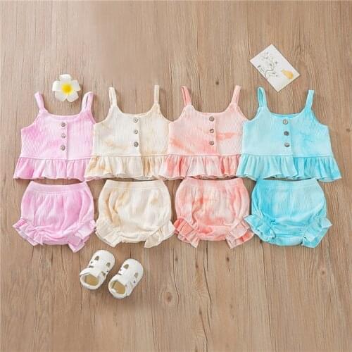 1-6Years Fashion Girls Summer Tie Dye Clothing Sets Ribbed Knitted Sleeveless Button Ruffles Crop Tops+High Waist Shorts Outfits