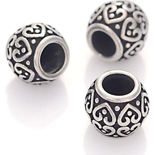 5x Retro Stainless Steel Carving Heart European Style Double Heart Large Hole Beads For DIY Snake Chain Charm Bracelets Bangles