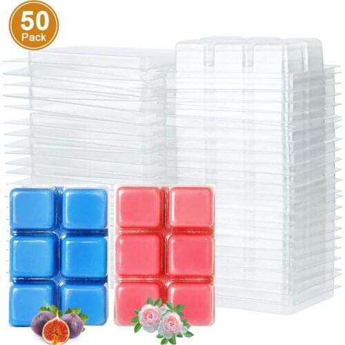 50PCS Wax Melt Clamshells Molds Square 6 Cavity Clear Plastic Cube Tray for Candle and Soap Making Clamshell Packaging Wax