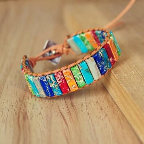 Chakra Bracelet Jewelry Handmade Multi Color Natural Stone Tube Beads Leather Wrap Bracelet Couples Bracelets Gifts