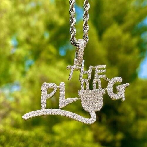 Hip Hop Iced Out Bling CZ Letter Pendant Shiny 5A Cubic Zirconia The Plug Necklace With Rope Chain Choker Jewelry For Men Boy
