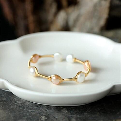 14K Gold Filled Fancy Pearl Open Cuff with Pink and White Peral Bangle Bracelet Women Romantic Party Birthday Gift Jewelry