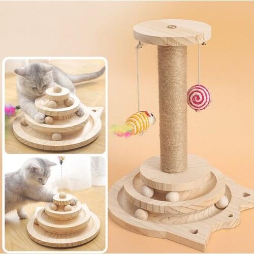 Pet Cat Toy Solid Wood Turntable Funny Cat Stick Catnip Balls Small Mouse Solid Wood Scratching Board Cat Supplies