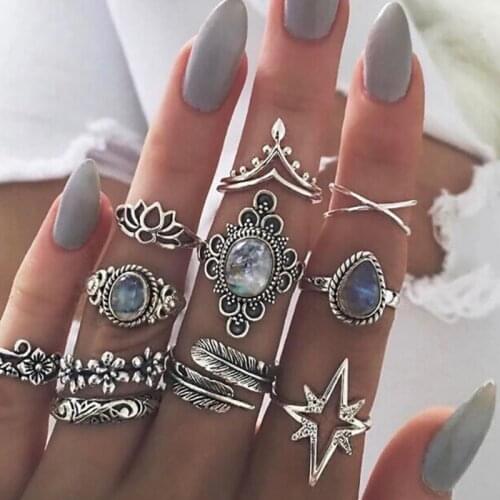 11 Pcs/Set Women Boho Carving Flowers Leaves Water Drop Stars Crystals Gem Joint Ring Lady Party Silver Color Wedding Ring