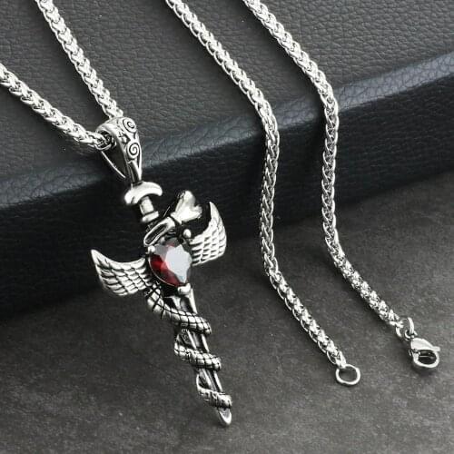 Cool Men Boys Ancient Flying Wing Pendant Necklaces Snake Sword Chain Necklace Red Heart Crystal Jewelry collare de moda NC187