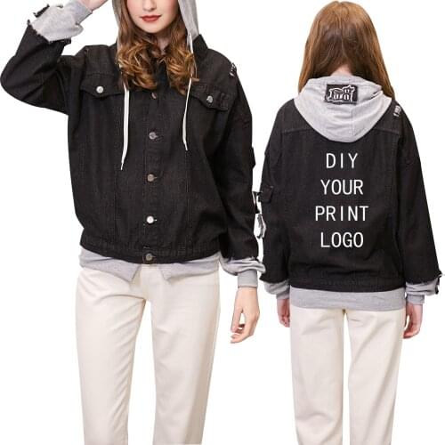 Customized Jacket Women 2020 Spring Autumn Stitching Denim Shirt Jackets Fashion New Warm Girls Hooded Coat Tops DIY LOGO