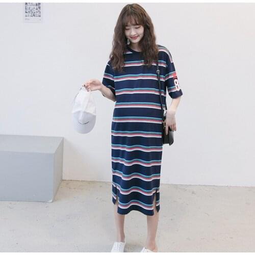 Summer Maternity Expectant Mother stripe Dresses Pregnant Women Short Sleeve Long TShirt Loose Fashion Dress Pregnancy Clothes
