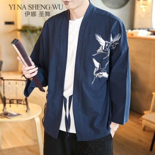 Fashion New Embroidered Summer Men Kimono Long Cardigan Outerwear Coats Fashion Streetwear Crane Loose Male Jackets Casual Coats