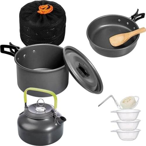 Outdoor Cookware Kit Camping Pot Pan Kettle Nonstick Camping Cooking Set with Mesh Bag for Picnic BBQ Hiking Backapcking Travel