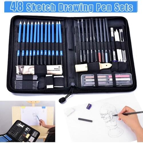 New 48Pcs/Set Professional Sketch Drawing Pencils Kit with Graphite Charcoal Pen DOM668