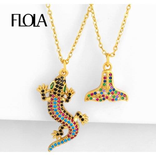 FLOLA Gold Filled Whale Tail Necklaces For Women Lizard Pendant Necklaces Crystal Animal Cubic Zirconia Rainbow Jewelry nkep93