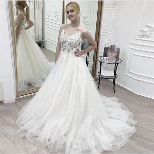 V-neck Wedding Dress White Ivory Illusion Bodice Sleeveless A-line Bridal Dress Sparkle Appliques Robe