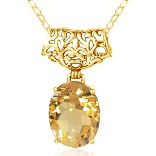14K Gold Plated Silver Pendant For Women Gemstone Citrine Big Stone Silver 925 Jewelry Egg 4 Prongs Luxury Anniversary Gift Boho