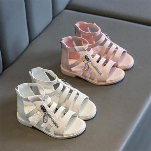 2021 New Platfrom Sandals Black Beige Pink High Top Kids Gladiator Sandals Fashion Side Zipper Princess Girl Roman Shoes 25-36