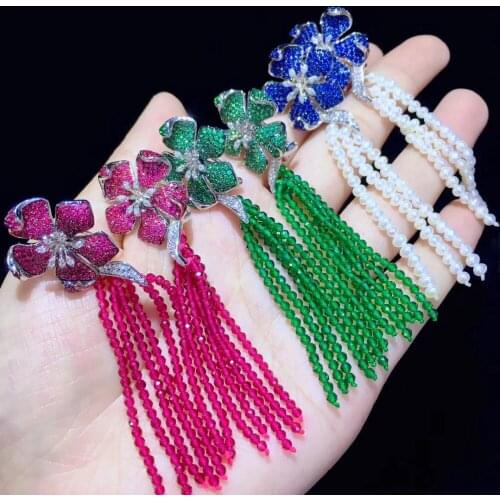925 sterling silver with cubic zircon flower drop earring long tassels earring rose red green color white pearl tassels fashion