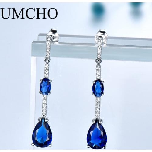 UMCHO 925 Sterling Silver Earring Geometric Created Nano Blue Sapphire Drop Earrings For Women Birthday Gift Charms Fine Jewelry