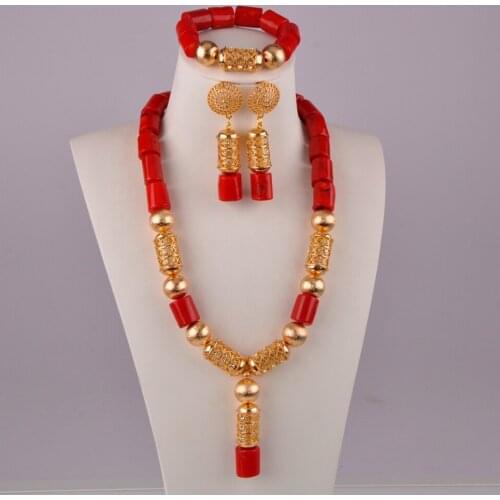 Wedding Dress Accessories Nigeria New Bride Wedding Natural Red Coral Necklace African Wedding Banquet Jewelry Set AU-61