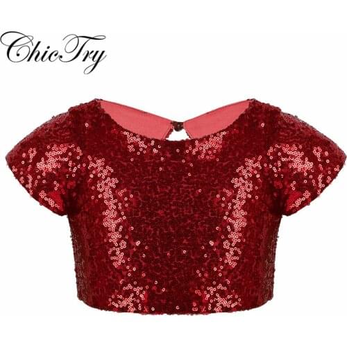 Girls Ballet Dance Tank Tops Cap Sleeves Sparkly Sequins Keyhole Back Crop Top for Dance Stage Performance Party Daily Wear