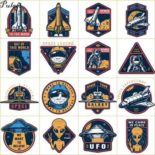 Pulaqi Vinyl Cartoon Astronaut Patches Applique Iron On Transfers For Clothing Stickers Space Heat Thermal Transfer Alien Stripe