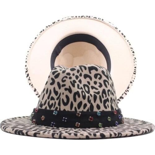 Fisvds Ribbon Imitation Wool Felt Fedoras Hats High Quality Retro Unisex Leopard Print Jazz Hat for Women Men Caps