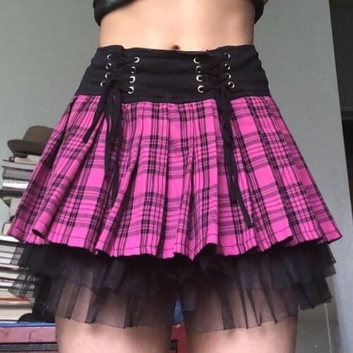 Woman Pink Stripe Plaid Lace Trim Mini Skirt Women A-line Skirts Lace Up Goth Punk Academia Clothes Vintage Mini Skirt