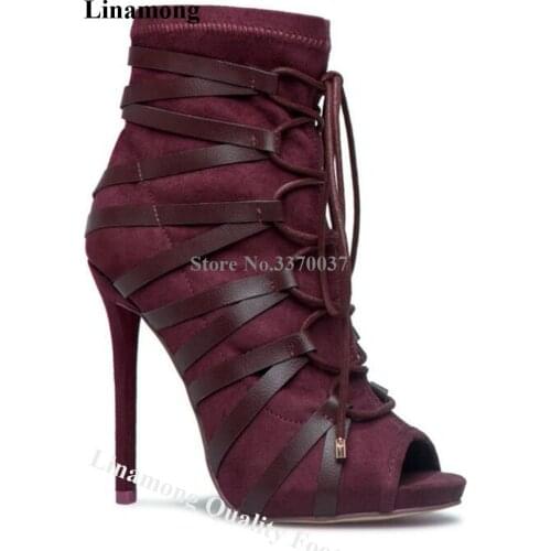 New Style Women Peep Toe Suede Leather Stiletto Heel Short Gladiator Boots Lace-up Strap Cross High Heel Ankle Booties Shoes