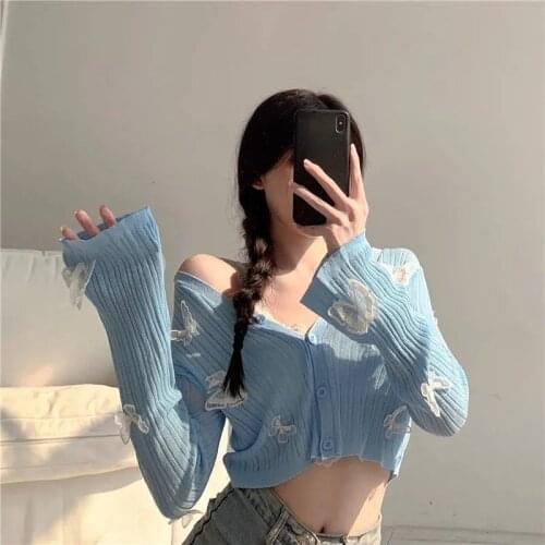 Women Summer V-neck Short Knitted Sweaters Korean Butterfly Thin Cardigan Long Sleeve Sun Protection Crop Top Ropa Mujer