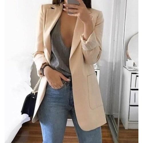 Womens Casual Mid Coat Lapel Slim Cardigan Outdoor Work Suit Jackets Open Front Coat Cloak Jackets Female Blusas Chaqueta Mujer