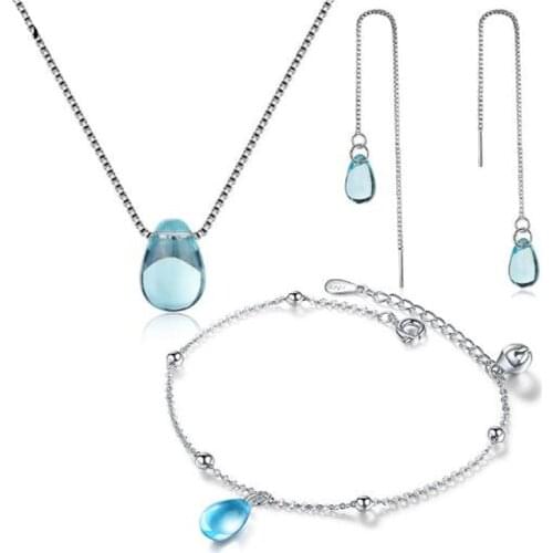 3 Styles 925 Sterling Silver Jewelry Sets Blue Crystal Water Drop Tears Necklace+Earrings+Bracelet For Women Gift