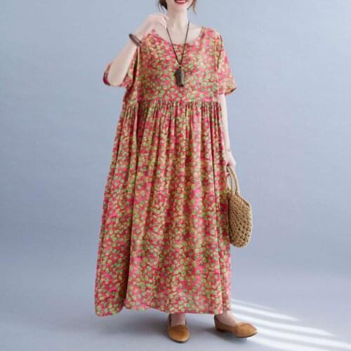 Plus Size Summer Boho Dress Women Vintage Oversize Loose Floral Printed Maxi Dress Female Plus Size Cotton Linen Beach Dress 6XL