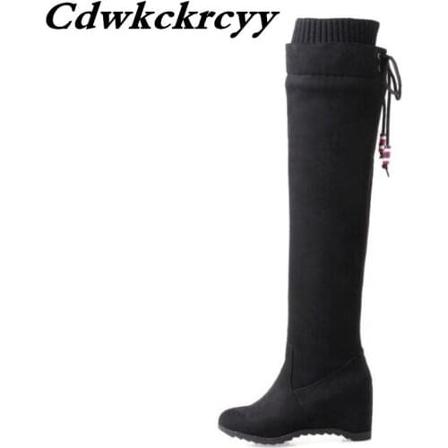 Winter Wool yarn Over the knee Boots Internal increase sexy High-heeled Lean leg Elastic force Women Boots plus size 34-43