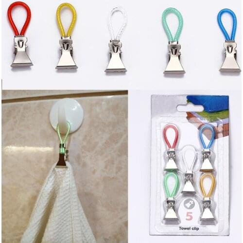 5Pcs/Set Household Clip on Towel Hanging Clips Hand Towel Hangers Loops Clothes Pegs Hooks Kitchen Bathroom Organizer Hot Sale