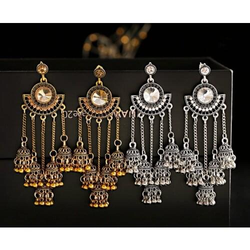 Antique Indian Jhumka Boho Ethnic Gold Sliver Color Big Bells Long Tassel Drop Earrings Women Gypsy Jewelry Pendientes Mujer