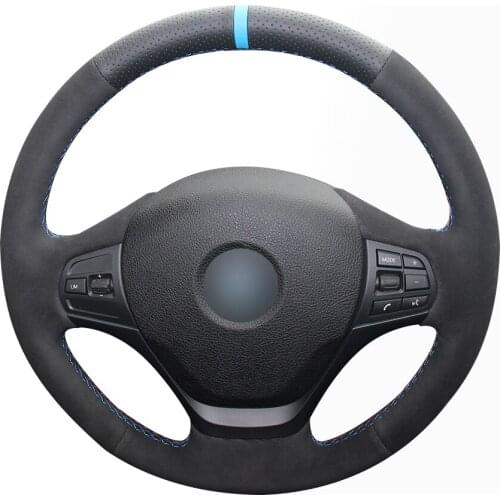 Black Synthetic Leather Black Suede Light Blue Marker Car Steering Wheel Cover for BMW F30 316i 320i 328i