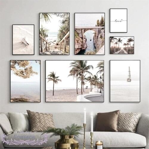 Calm Beach Seaside Coconut Tree Landscape Poster Nordic Bridge Boat Canvas Paintings Wall Art Pictures for Living Room Decor