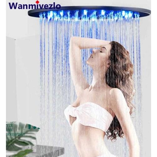 Black Ceiling Mounted LED Light Bathroom Shower Head 16 inch Big Rainfall Shower Faucet Accessory Top Round Brass Shower head