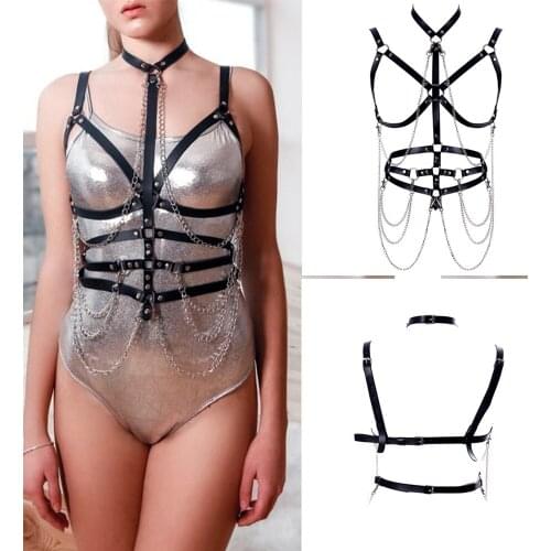 Punk Sexy Leather Harness Sling Womens Garter Belt Chain Gothic Bra Garters Waist Chain Bondage BDSM Female Erotic Accessories