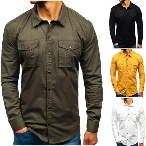 Mens Slim Fit Dress Shirts Long Sleeve Autumn Masculina Business Army Casual Turn Down Neck Double Pockets Shirt Plus Size 3XL