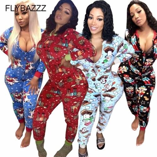 S-2XL Printed Women Fitness Jumpsuit Yoga Sets Christmas Zipper O-Neck Long Sleeve Fashion Casual Homewear Romper Party Overalls