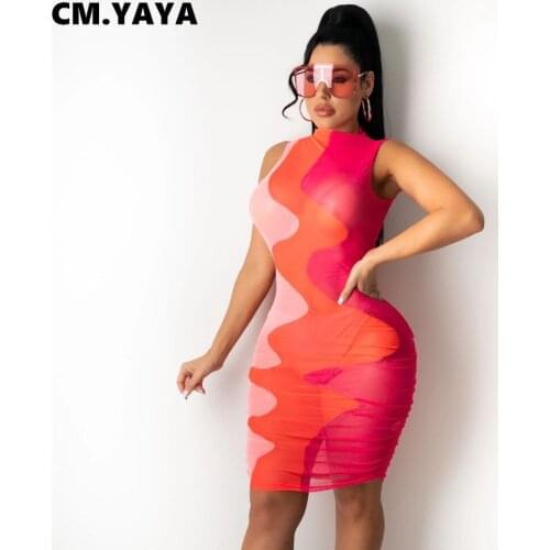 CM.YAYA Women Dress Print Sleeveless O-neck Sheath Elastic Stacked Mini Dresses Sexy Night Party Dress Summer Fashion Outfit