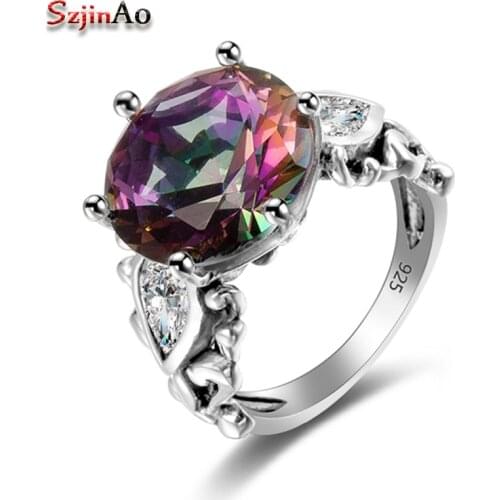 Szjinao Real 925 Sterling Silver Ring Ethnic Mystic Rainbow Topaz Round Rings for Women Club Bijoux Factory Direct Sale