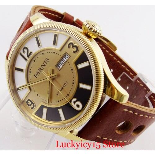 PARNIS Classic Retro Style Sapphire Gold 42mm Automatic Wristwatch Men Week Date Function 21Jewels MIYOTA Movement Leather Strap