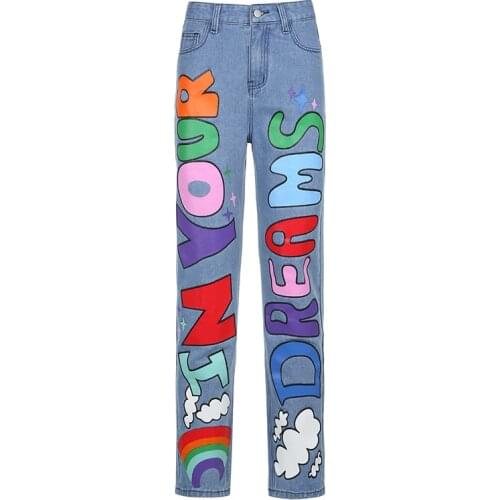 Colorful Letter Print Straight Leg Jeans Women Spring Casual Loose High Waist Wide Leg Jeans Women Blue Denim Pants