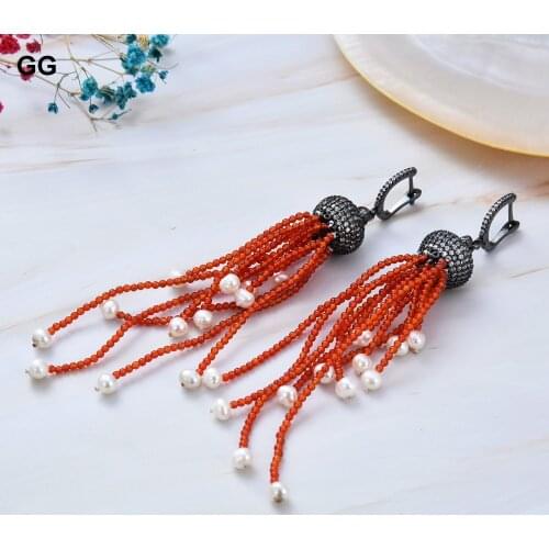 GuaiGuai Jewelry White Pearl Orange Jade Gems Stone Earrings CZ Leverback