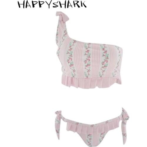 HAPPYSHARK Sexy Single Shoulder Bikinis Set 2019 New Stripe Floral Printed Swimsuit Brazilian Biquinis Lotus 2 Pcs Swimwear